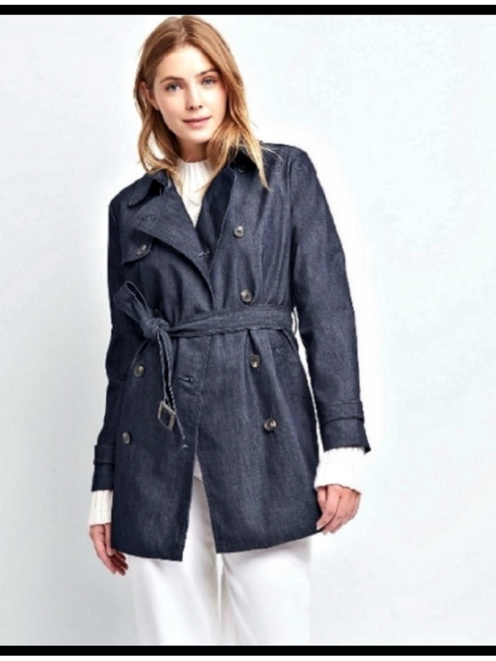 GAP 1969 Vintage Style 3/4 Denim Trench Coat Belted Dark Blue Rinse Large Tall